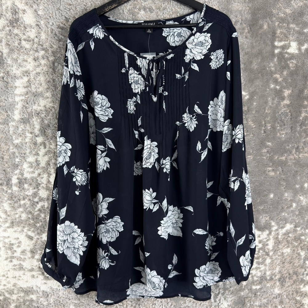 New Roz & Ali Plus Size 3X Floral Pintuck Blouse Top Black Long Sleeve Women
